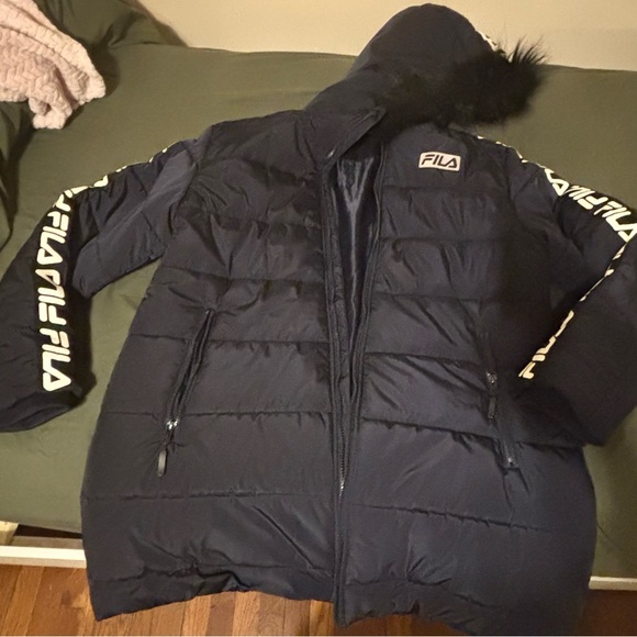 Fila Puffer Coat With Fur Hood|Midnight Navy Blue - Picture 1 of 8
